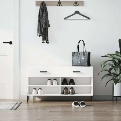 Zdjęcie produktu dla vidaXL Ławka na buty biały wysoki połysk 102x35x55 cm materiał drewnopochodny - Ławka na buty - Ławki na buty - Ławka z miejscem do przechowywania - Stojak na buty