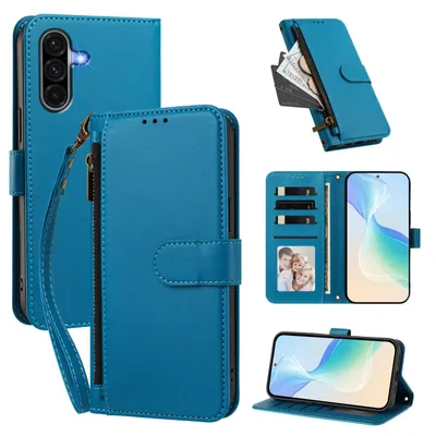 Image de Étui portefeuille pour Samsung Galaxy A36 / A56, en cuir PU, avec compartiments pour cartes, support et dragonne. Couleur : bleu