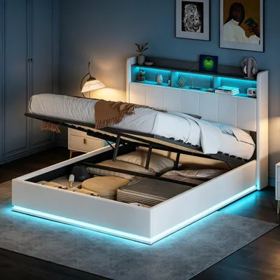 Produktbild von INONEFT Polsterbett Boxspringbett 160x200 cm mit USB-Ladegerät und LED,Jugendbett Doppelbett mit Lattenrost und Hydraulisches Stauraum,Samt,Beige