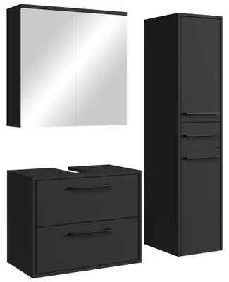 Produktbild von Waschbeckenunterschrank Set Florence 60 x 35 cm – Schwarz Matt – Badmöbel mit Spiegelschrank und Hochschrank