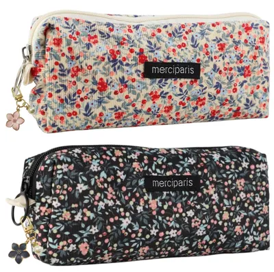 Produktbild von 2 Retro-Cordbeutel mit Kirschblütenanhängern, tragbar als Kosmetiktasche, Schlüsseletui oder kleine Geldbörse.