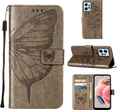 Produktbild von Lederhülle für Xiaomi Redmi Note 12 4G Schmetterling Prägung Flip Ledertasche Kartenfächer Handyhülle mit Ständer Grau