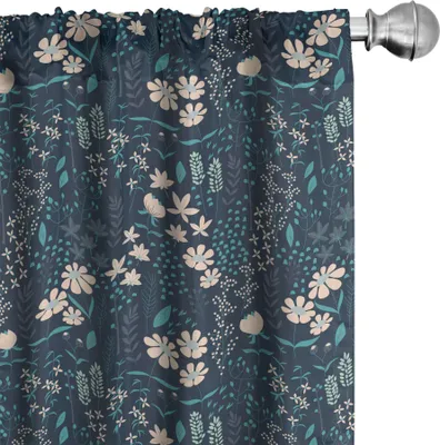 Immagine prodotto di ABAKUHAUS Tende floreali, tende, illustrazione botanica di fiori ed erbe aromatiche, 2 pezzi 75 x 225 cm, blu petrolio pesca