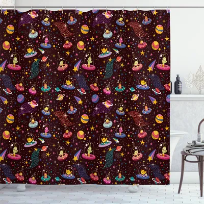 Zdjęcie produktu dla ABAKUHAUS Zasłona prysznicowa, wzór kosmosu z spadającymi gwiazdami i kolorowymi kropkami Alien Spacecrafts Cartoon, 175 x 200 cm, wielokolorowa