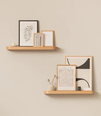 Produktbild von Wandregal-Set „Toke“ | 2 Hängeregale aus Echtholzfurnier | Schwebendes Holzregal als Fotoregal, Wanddekoration und Stauraum für Bad, Wohnzimmer, Küche, Schlafzimmer | Eichenholz