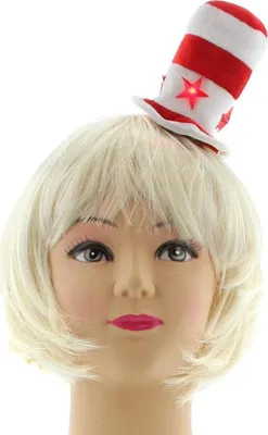 A close-up of a mannequin head wearing a small, striped hat with a red star.