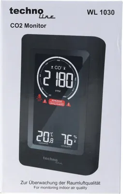 The image shows the retail packaging of a CO2 monitor.