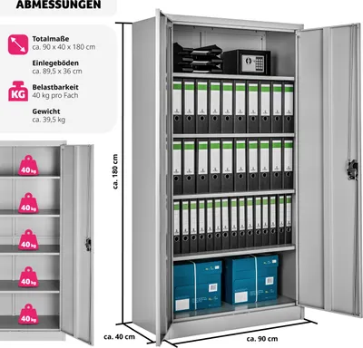 Produktbild von Tectake, Aktenschrank, 180x90x40 cm, abschließbar, Stahl, Grau, 4 Einlegeböden, verstärkte Flügeltüren, leichte Reinigung