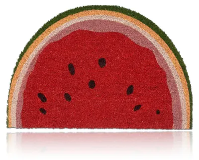 Productafbeelding van Relaxdays deurmat van kokosvezel, halfrond, met watermeloenmotief, afmetingen: 60 x 40 cm, geschikt voor binnen en buiten, antislip, kleurrijk, AI-gegenereerde afbeelding