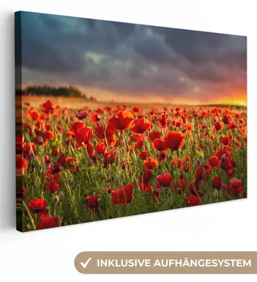 Produktbild von MuchoWow® - Leinwandbilder - Sonnenuntergang - Mohnblumen - Rot - Blumen - Feld - Natur, Wandbild, Wanddeko Bilder Wohnzimmer, 90x60 cm