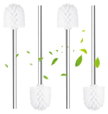 Image de Brosse de toilettes blanche, Ø 6,5 cm, lot de 4, brosse de toilettes avec manche en acier inoxydable, brosse de salle de bains pour WC, ensemble pratique de brosses de toilettes pour un nettoyage en profondeur des toilettes, brosses de toilettes sur pied en acier inoxydable