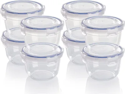Produktbild von Kunststoff-Lebensmittelbehälter-Set, 8x Dosen, rund, stapelbar, bruchfest, mikrowellengeeignet