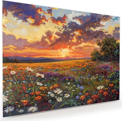 Produktbild von Glasbild 120x90cm in XXL für Wohnzimmer, Schlafzimmer Motiv Blumenwiese Sonnenuntergang