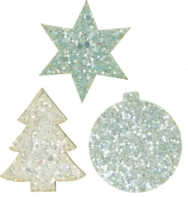 Three glittery Christmas decorations: a star, a Christmas tree, and an ornament, on a white background.