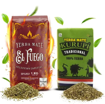 Produktbild von El Fuego & Kurupi - Mate Tee Set Elaborada 1,5kg - Yerba Mate Hoher Koffeingehalt - Rauchgetrocknet Viel Staub - Starker Wachmacher - Paraguay