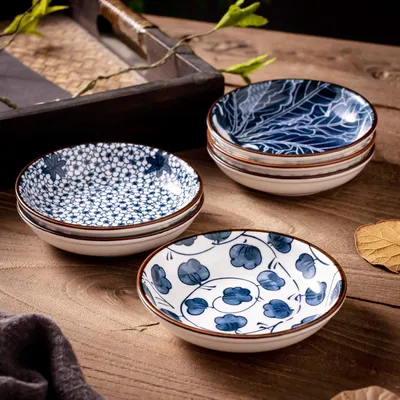 Productafbeelding van Famanu Keramische dipschaaltjes, 10 cm - Set van 6, blauw-wit