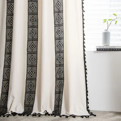 Image de Rideaux Boho Rideaux en coton Ligne Hollow Opaque Noir 150*200cm (Par le type de pôle)