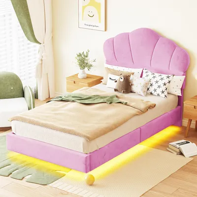Immagine prodotto di Letto imbottito - 90 x 200 cm, rosa, in velluto e metallo, con illuminazione LED, struttura del letto imbottita per la camera da letto