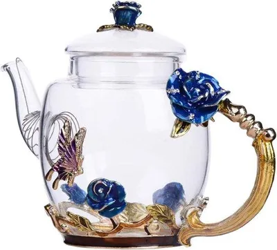 Image de Théière en verre émaillé bleu et cristal