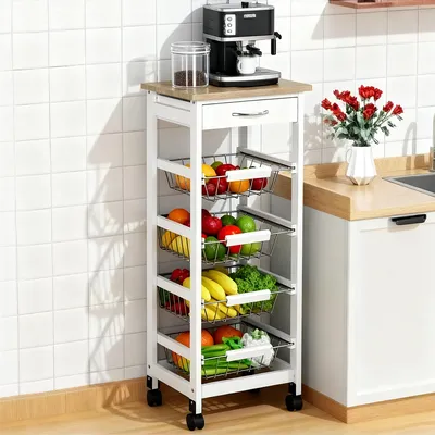 Image de Chariot de service desserte š€ roulettes multi-rangements 4 paniers mšŠtal + tiroir bois de pin 37 x 37 x 82 cm blanc