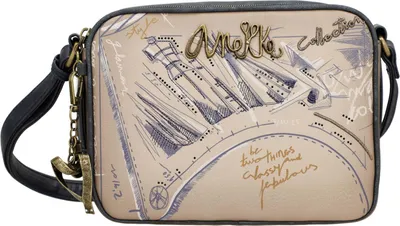 A crossbody bag with a sketch-like design and text.
