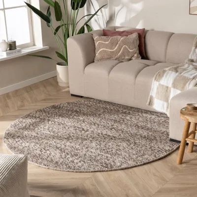 A round rug is placed in front of a sofa in a living room setting.
