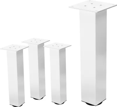 Four white table legs are arranged on a white background. Three legs are grouped together on the left, and one larger leg is on the right.