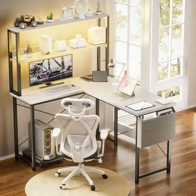 Produktbild von AIORBER LED L-förmiger Gaming Schreibtisch 148x110x148cm mit LED Beleuchtung und Regal Eckschreibtisch, Weiß