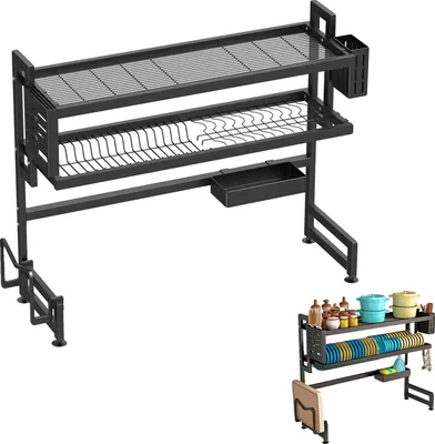 Immagine prodotto di Scaffale scolapiatti, altezza regolabile, ampia capienza, nero, a 2 ripiani