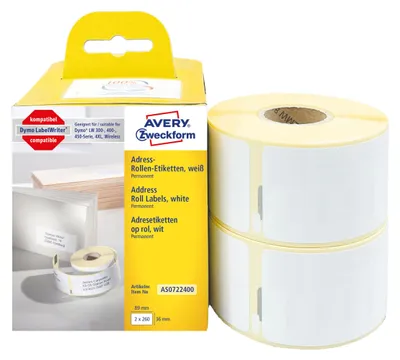 Produktbild von Avery Zweckform AS0722400, Rollen-Etiketten, 36 x 89 mm, 520 Etiketten / 2 Rollen, weiß