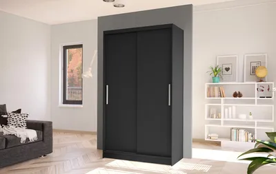 A modern bedroom or living room with a black sliding door wardrobe, a sofa, and a bookshelf.