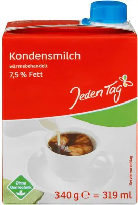 A carton of condensed milk with a depiction of milk being poured into a cup of coffee.