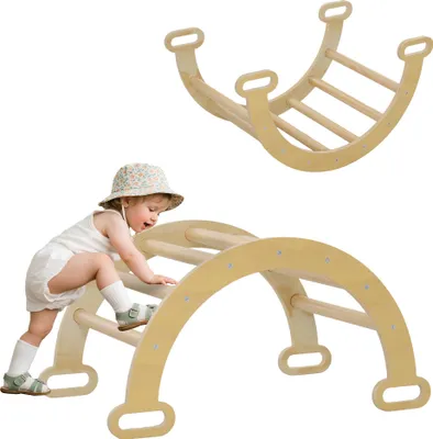 Produktbild von AIYAPLAY Kletterbogen für Kinder, Babybogen, Baby-Motorikparcours, Indoor-Spielbereich mit Holzwippe für Jungen und Mädchen, Kleinkinder von 18–48 Monaten, Naturholz-Finish
