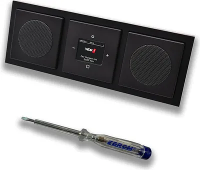 Produktbild von Busch Jäger DAB+ (DAB PLUS) Unterputz Radio 8215U-101 Future Anthrazit, Komplett-Set mit 2 x Lautsprecher, Abdeckungen, Rahmen + EBROM Phasenprüfer zur Montage d. Geräte - 8215 U – 101