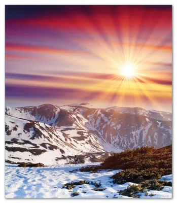 Produktbild von Wallario Herdabdeckplatte aus Glas, Größe 52 x 60 cm 1-teilig, Motiv Farbenfroher Sonnenuntergang im Winter - Schnee in den Bergen