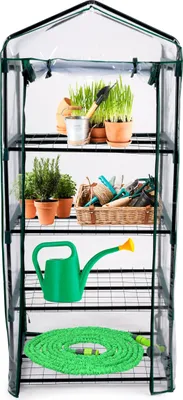 Zdjęcie produktu dla Plastikowa szklarnia Kinzo z 4 półkami 69 x 49 x 160 cm Przezroczysta z zielonymi akcentami