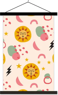 Produktbild von MuchoWow® Textilposter Sonne - Mond - Sterne - Muster 40x60 cm mit schwarzem Rahmen - Wanddekorationen