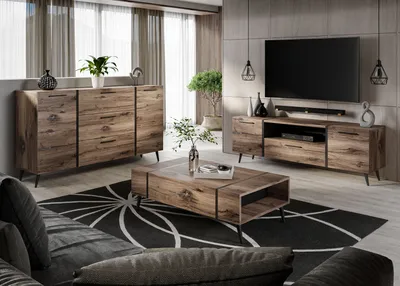 Produktbild von Möbelset ONYX LOFT auf Beinen Flagstaff Eiche Schwarze Griffe