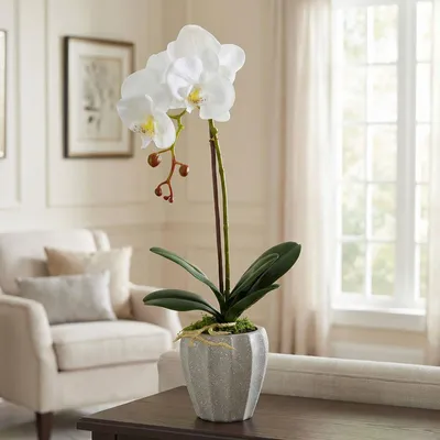 Image de Orchidée artificielle de 45 cm en pot – Plante artificielle réaliste – Facile d'entretien – Blanc / Rose / Violet – Décoration pour le salon et le bureau [11916]
