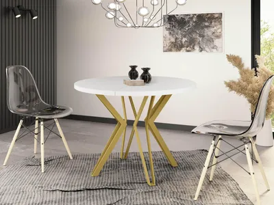 Produktbild von Runder Tisch für das Esszimmer - 100 oder 120 cm Durchmesser - Ausziehbarer Tisch mit Pulverbeschichteten Goldenen Metallbeinen - Industriestil - 100 cm - Weiß