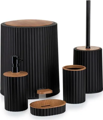 Produktbild von HowHomely | Badezimmer Set - 5-Teilig - Schwarz - Holz - Elegantes Design - Funktionalität - Roza-Kollektion - Badezimmer Zubehör
