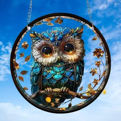 Produktbild von GKA Sonnenfänger Eule blau 15 cm Buntglas Lichtfänger Fensterbild Fenster Fensterschmuck Fensterdeko