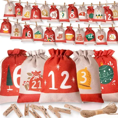 Image de Calendrier de l'Avent à remplir 24 pièces 18x13cm Set de sacs en toile de jute rouge