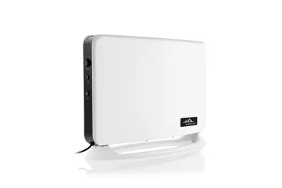 A white electric heater with a black trim and stand, shown against a white background.