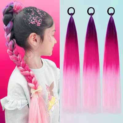 Produktbild von Haarverlängerung Zopf 3 Stück 60 cm Lila/Rot/Rosa Synthetik Lametta Glatt