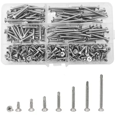Imagen del producto de Tornillos autoperforantes, 260 unidades - Acero inoxidable - Cabeza plana - Variedad de tamaños: 13/16/19/25/32/38/50 mm - Para metal - Fáciles de instalar