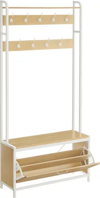 Produktbild von VASAGLE Garderobenständer mit Schuhschrank, Garderobe mit Sitzbank, Kleiderständer, Schuhkipper, 9 Haken, obere Ablage, für Flur, Schlafzimmer, modernes Design, eichenfarben-weiß HSR405