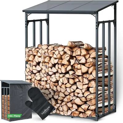 Obrázok produktu pre Regál na drevo na vonkajšie použitie, skladovanie dreva. Rozmery: 130 x 70 x 185 cm (d x š x v). Regál na drevo vrátane rukavice na manipuláciu s drevom. Strecha s pomôckou na uskladňovanie dreva