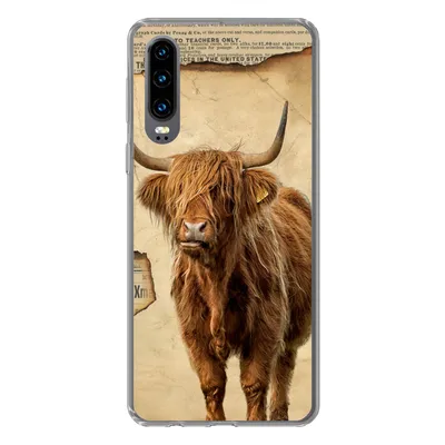Produktbild von MuchoWow® Handyhülle Schutzhülle Hülle für Huawei P30 Schottischer Highlander - Retro - Zeitungsartikel Silikon Softcase Handy Hülle - Kartenbesitzer