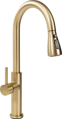 A gold kitchen faucet with a pull-down sprayer is shown against a white background.